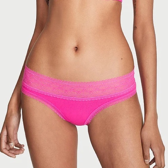 Victoria's Secret Lace Waist Ribbed Cotton Hiphugger Panty Pink Medium NEW - Picture 2 of 6